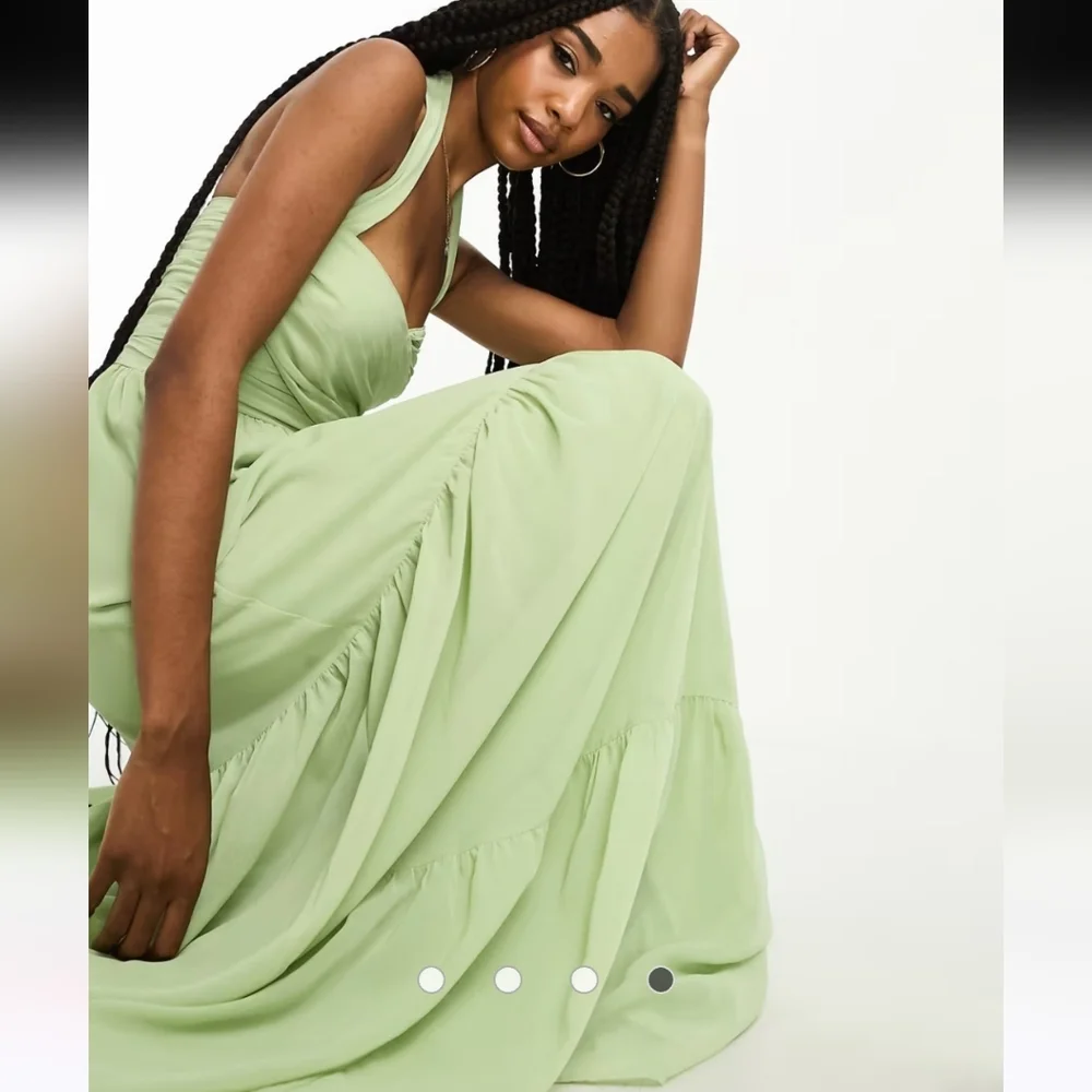 ASOS DESIGN Tall ruched bodice halter tiered maxi dress Sage green Wedding Y2K - Picture 2 of 13